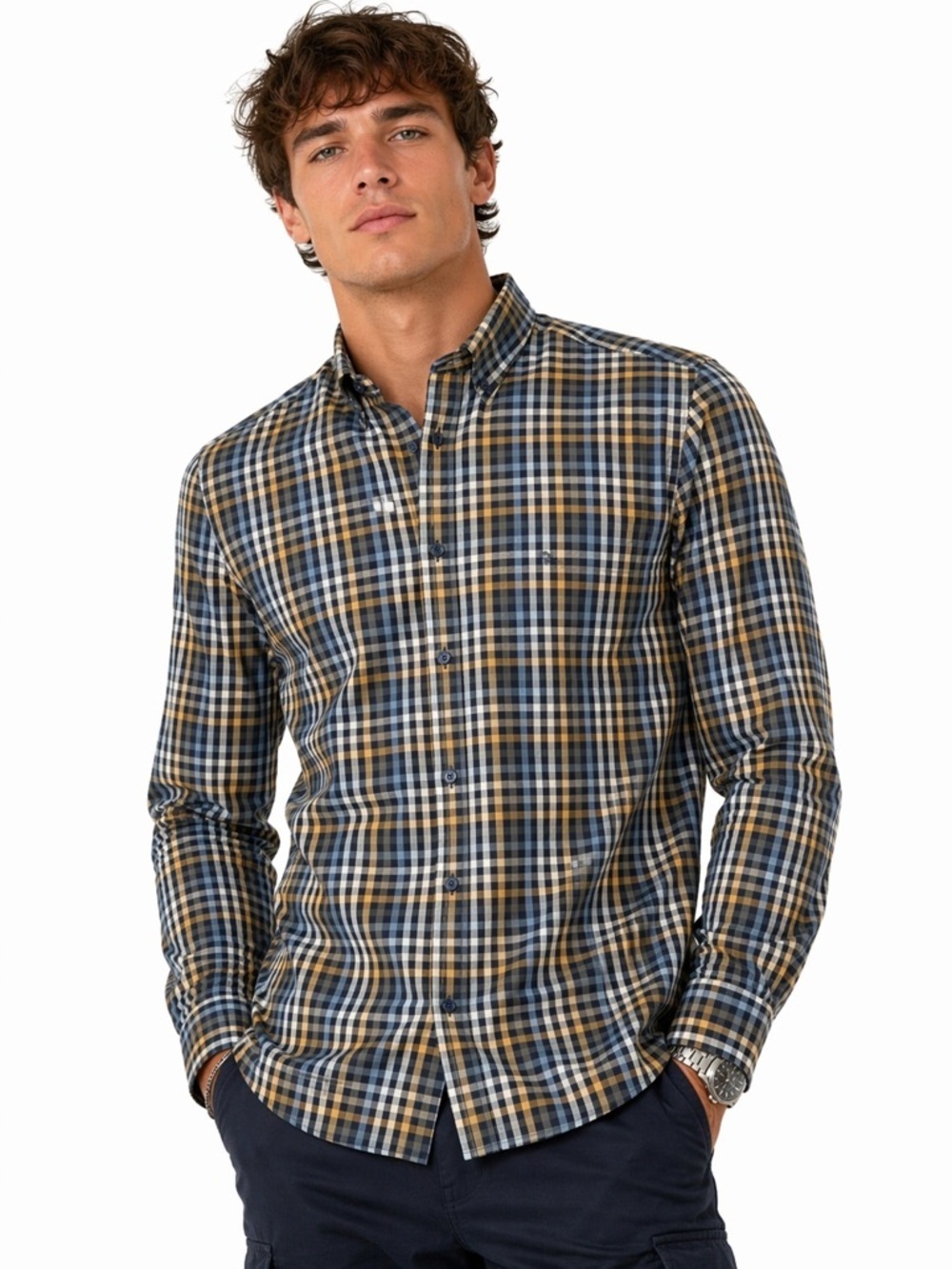Takeshy Kurosawa Blue Yellow Checkered Button-Down Shirt, Size S